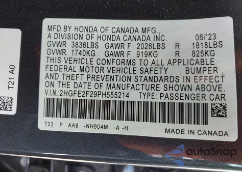 2023 Honda Civic Lx z USA, uszkodzony, nr VIN 2HGFE2F29PH555214